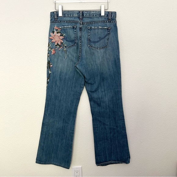 Embroidered Flare Jeans Denim Pant High Rise Floral Bird Festival Blue Size 6 - Picture 7 of 14